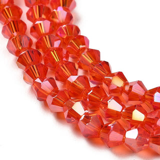 Transparent Electroplate Glass Beads Strands, AB Color Plated, Faceted, Bicone, Vivid Red, 4x4mm, Hole: 0.8mm, about 82~85pcs/strand, 30.5~31cm