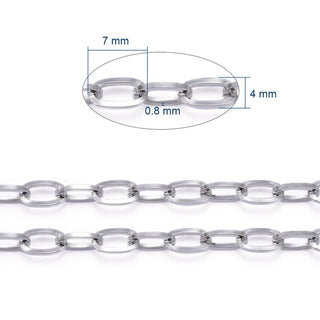 304 Stainless Steel Cable Chain.  Flat Oval Links.  Stainless color. Unwelded. 7x4x0.8mm  Sold by the Foot