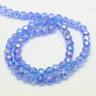 Glass Beads.  AB Electroplate on Cornflower Blue (4mm Faceted Rounds).  Approx 100 Beads.