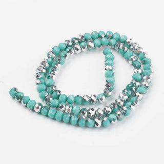 Electroplate Opaque Glass Beads Strands, Half Silver Plated, Faceted, Rondelle, Light Sea Green, 4x3mm, Hole: 0.4mm, about 130 beads/strand, 16.54 inch(42cm)