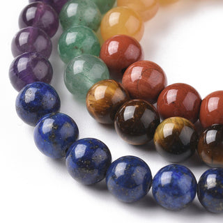 Chakra Theme Natural Red Rainbow Jasper & Yellow Aventurine & Tiger Eye & Green Aventurine & Blue Spot Stone & Lapis Lazuli & Amethyst Beads Strands, Round, Chakra,.