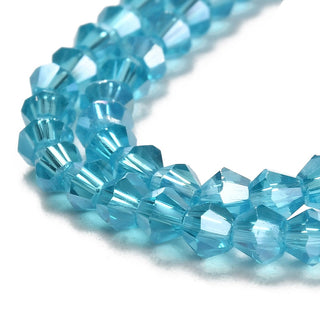 (3MM).  Deep Sky Blue with an  AB Coating.  Bicone Glass Bead 17" Strands, Grade AA, 3x3mm, Hole: 1mm