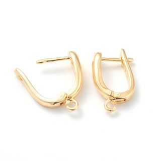 Brass Hoop Earring Findings with Latch Back Closure, with Horizontal Loop,  U Shape, Real 18K Gold Plated, 21x13x5.5mm, Hole: 1.5mm, Pin: 1mm(Packed per pair)