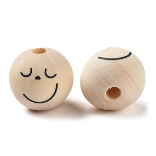 Printed Wood Beads, Round with Smiling Face, Undyed, Blanched Almond, 20mm, Hole: 2mm.  (packed 10)