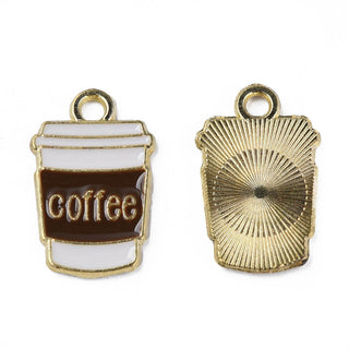 Alloy Enamel Pendants, Cadmium Free & Lead Free, Light Gold, Coffee Cup with Word, Coconut Brown, 18x11x1mm, Hole: 1.8mm. Sold Individually