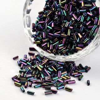 Glass Bugle Beads, Iris Multi Color Plated, 3~5x1.5~2mm, Hole: 0.8mm.  (approx 15gr)