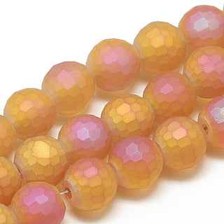 Electroplate Glass Beads Strands, Frosted Style, Faceted(96 Facets) Round, Dark Orange, 10x9mm, Hole: 1.5mm, about 70 beads/strand