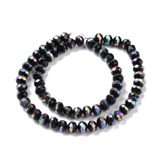 Electroplate Glass Beads Strands, Faceted, Rondelle, Half Rainbow Plated, Black.  8x6mm.  Approx 65 Beads.