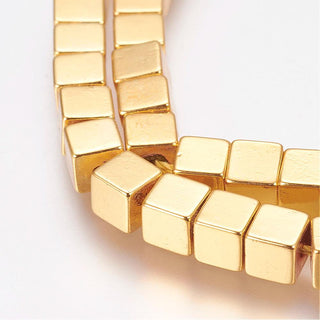 Non-Magnetic Hematite Bead Strands, Cube, Golden Plated, 4x4x4mm, Hole: 1mm, about 94pcs/strand, 15.7 inch(40cm)