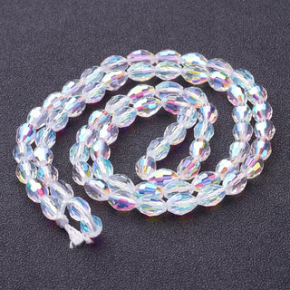 Electroplate Glass Beads Strands, AB Color Plated, Faceted Oval, White, bead: 8mm long, 6mm thick, hole: 1.5mm, about 72pcs/strand