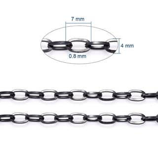 304 Stainless Steel Cable Chains, Unwelded, Flat Oval, Electrophoresis Black, 7x4x0.8mm. (Sold by the Foot)