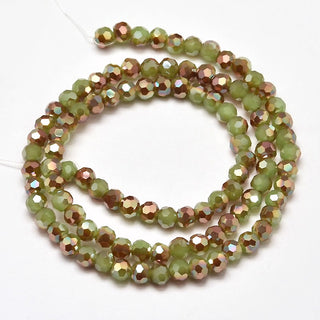 Glass Faceted 4mm ROUND Beads.  *Half Rainbow Plated.  Electroplated. (Light Mossy Green)  *approx 100 Beads.