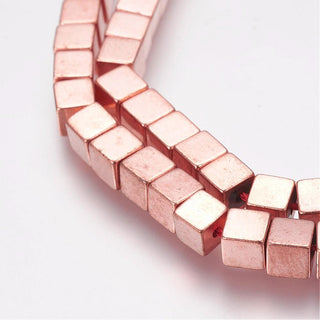 Non-Magnetic Hematite Bead Strands, Cube, Rose Gold Plated, 4x4x4mm, Hole: 1mm, about 94pcs/strand, 15.7 inch(40cm)