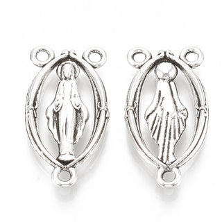 Holy Oval Carved Virgin Mary Tibetan Style Alloy Chandelier Component Links, 3 Loop Connectors, Rosary Center Pieces, Antique Silver, 25x13x3mm, Hole: 2mm.  (Sold Individually)