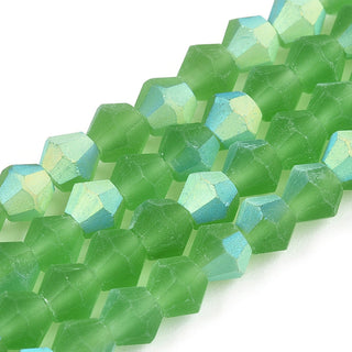 Crystal Bicone Frosted Glass Beads Strands, Grade AA, Faceted, Lime Green, 4x4mm, Hole: 1mm, about 87~89pcs/strand