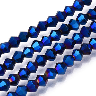 Electroplate Glass Bead Strands, Rainbow Plated, Faceted Bicone, Blue Plated, 4x4.5mm, Hole: 1mm, about 92~96pcs/strand