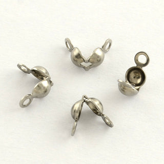 Stainless Steel Bead Tips Knot Covers, Open Clamshell, Stainless Steel Color, 6x4mm, Hole: 1.5mm.  (Packed 20)