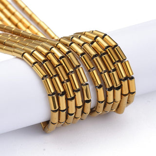 Electroplate Frosted Glass Beads Strands, Full Rainbow Plated, Column, (Golden), 4.5~5x2.5mm, Hole: 0.8mm, (Approx 75 Beads)