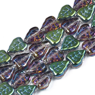 Electroplate Glass Beads Strands, Half Plated, Leaf, Green Plated, 10x8x4mm, Hole: 0.9mm, *approx 60 Beads.