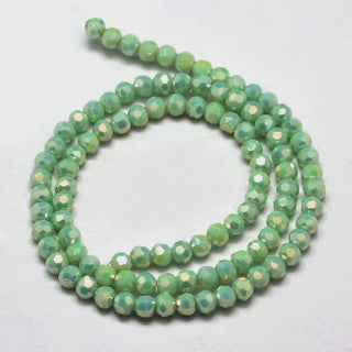 Glass Faceted 4mm ROUND Beads.  *Full Rainbow Plated Electroplate. Pale Pea Green. *approx 100 Beads.