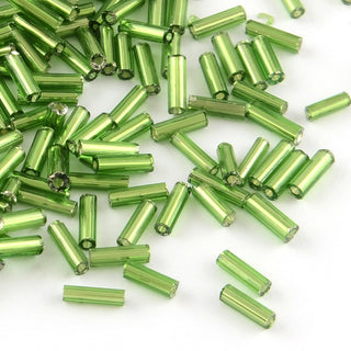 Glass Bugle Beads, Silver Lined, Green, 4~4.5x2mm, Hole: 1mm, (approx 15gr)