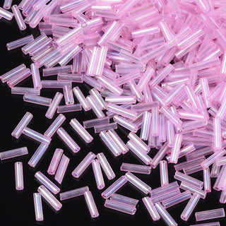 Bugle Beads (Glass) 1.6mm x 6mm  (approx 15gr)  *Transparent Rainbow AB Pink