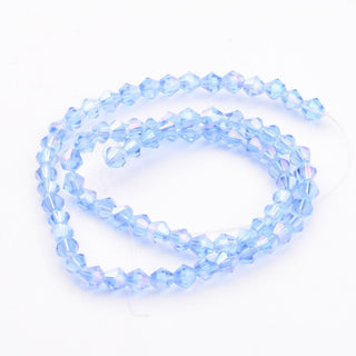 Bicone.  Electroplate Glass Beads Strands, Faceted, Light Blue AB Color Plated over Blue. 4mm.  Hole: 1mm; about 104pcs/strand