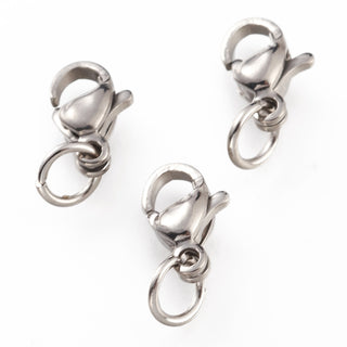 Tarnish Resistant 304 Stainless Steel Lobster Claw Clasps, With Jump Ring, Stainless Steel Color, 9x5.5x3.5mm, Hole: 3mm, Jump Ring: 5x0.6mm.  (packed 10 Clasps)