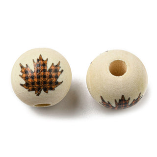 Autumn (Plaid Canadian Maple Leaf). Wood European Beads, Printed Large Hole Beads, Round, Leaf, 16mm, Hole: 4mm Packed 10 Beads.