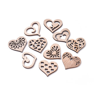 Laser Cut Wood Shapes, Unfinished Wooden Embellishments, Poplar Wood Cabochons, Heart, Blanched Almond, 20.5~24.5x26.5~28x2.5mm.  Packed 10 random hearts.