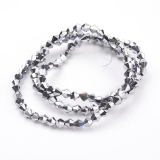 Bicone.  Electroplate Glass Beads Strands, Faceted, Silver Plated, 4x4mm, Hole: 1mm; about 104pcs/strand