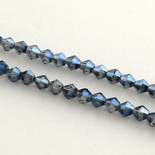 Electroplate Glass Bead Strands, Faceted Bicone, Rainbow Plated, Marine Blue,  4x4.5mm, Hole: 1mm.  Approx 95 Beads.