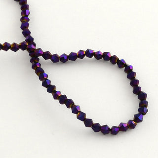 Electroplate Glass Bead Strands, Rainbow Plated, Faceted Bicone,Purple Plated, 4x4.5mm, Hole: 1mm, about 92~96pcs/strand