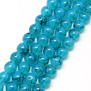 Glass Beads Strands, Round, Creamy Blue with Black Splatter.  8mm,  (approx 50 Beads)