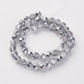 Faceted Round Glass Beads, Clear, Plated With Silver, Beads: 6mm in diameter, hole: 1mm, about 50 beads/strand