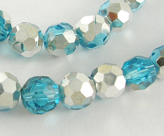 Faceted Round Glass Beads, Aqua Blue, Plated With Silver, Beads: 6mm in diameter, hole: 1mm, about 50 beads/strand