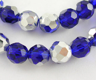 Faceted Round Glass Beads, Cobalt Blue, Plated With Silver, Beads: 6mm in diameter, hole: 1mm, about 50 beads/strand